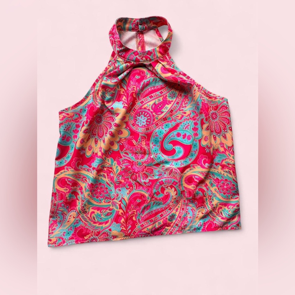 SHEIN Pink Paisley Halter Camisole with Turquoise & Gold Accents